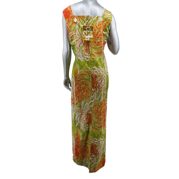 Vintage 60s NWT ALICE of CALIFORNIA Hawaiian Tiki Floral Maxi Dress Button Train - Picture 8 of 12